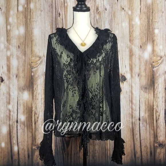 Newport News Tops - Newport News | Black Sheer Lace w/ Ruffles Blouse